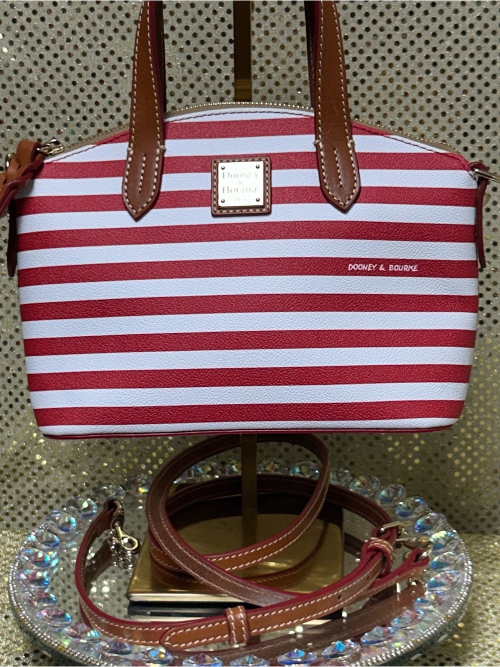 Dooney & Bourke Red and White Striped Crossbody Satchel with Brown Trim